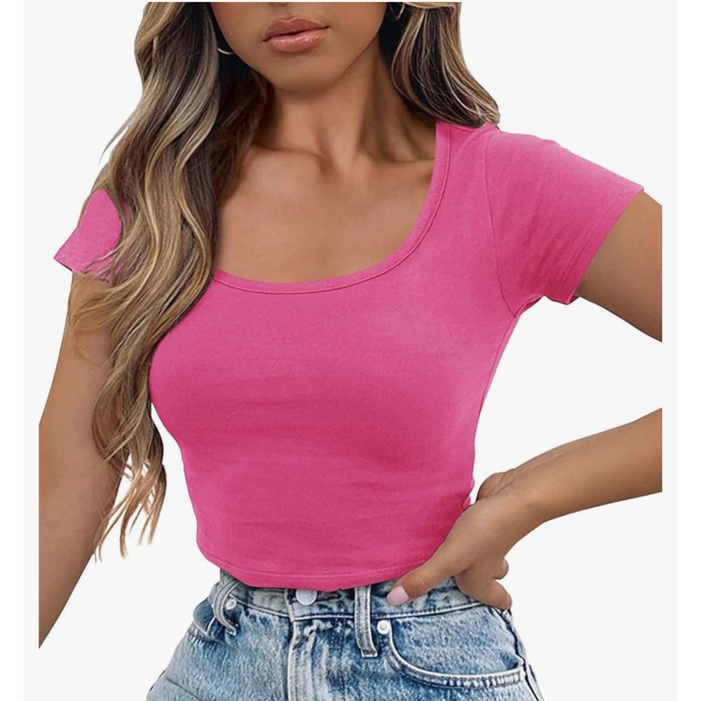 Ribbed Crop Top Hot Pink Short Sleeve Square Neck Casual‎ Tee Shirt Size M